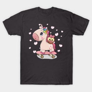 Cute pink little unicorn and owl on a skateboard T-Shirt